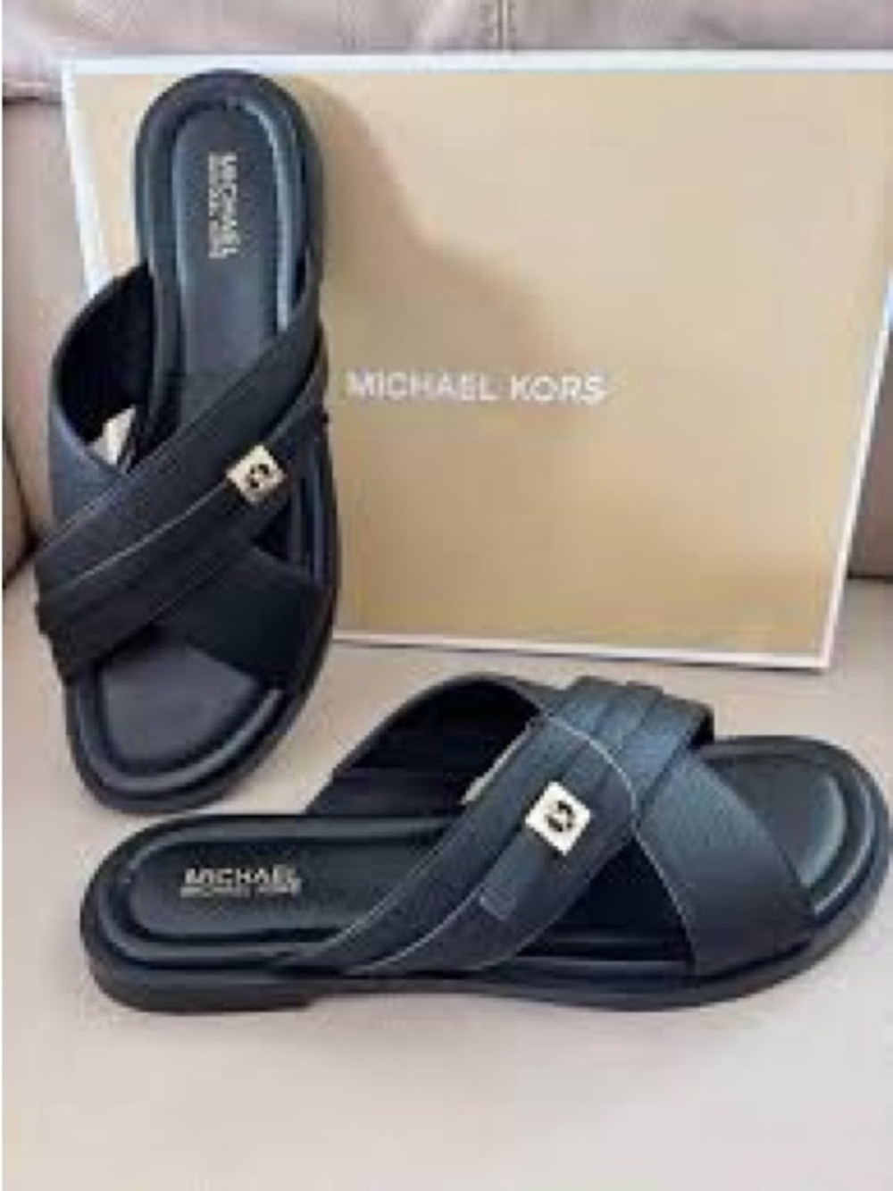 Michael Kors Black Cross-Strap Slide Sandals with Gold Accent